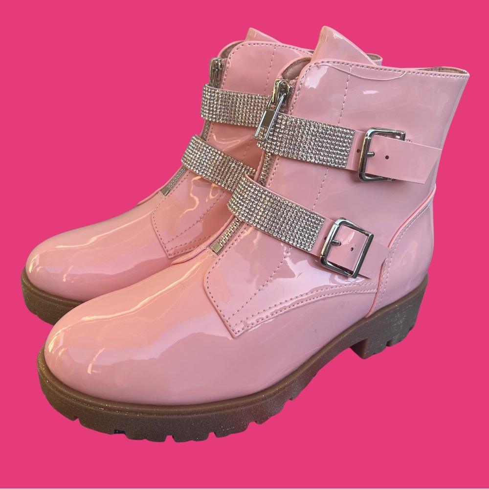 Pink Patent Rhinestone Strap Boots – Size 5M (New)